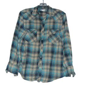 Vtg Wrancher Wrangler Western Shirt Mens Med. Plaid with Pearl Snap Up